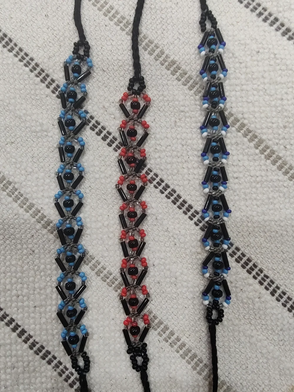 Handmade Beaded Bracelets - Black Cord with Blue and Red Beads - Set Of 3